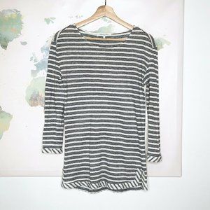Gerard Darel Size 2 Top Tunic White Black Striped 100% Linen Shirt Round Neck